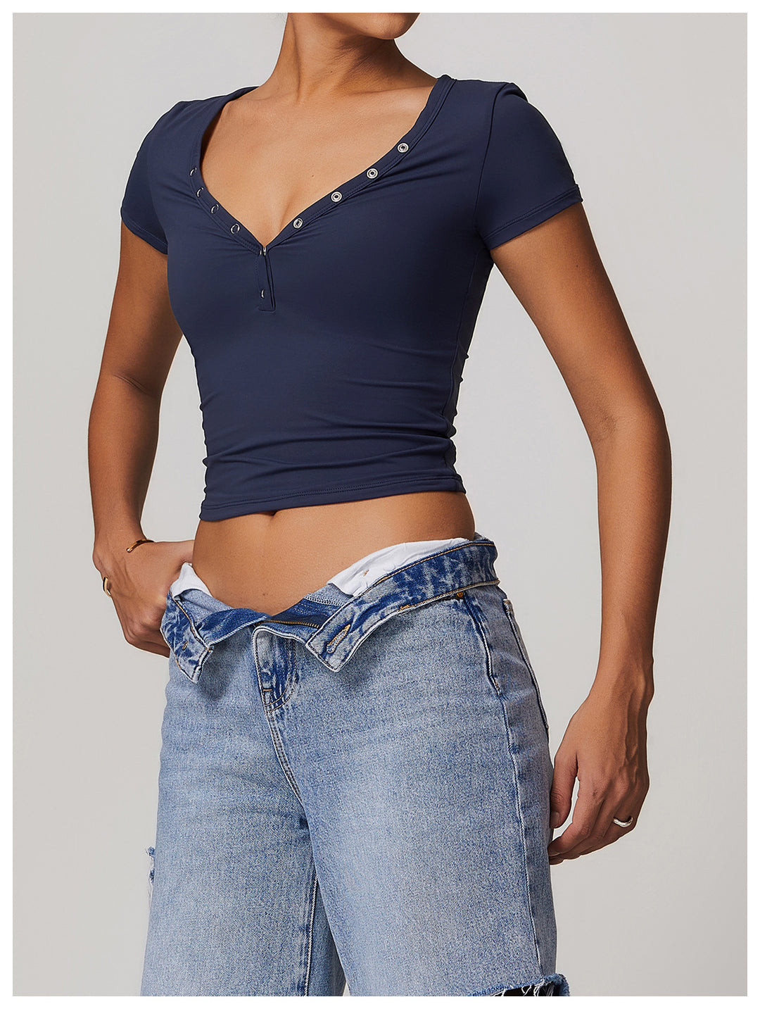 Rhovessa Short-Sleeve Henley Crop Top