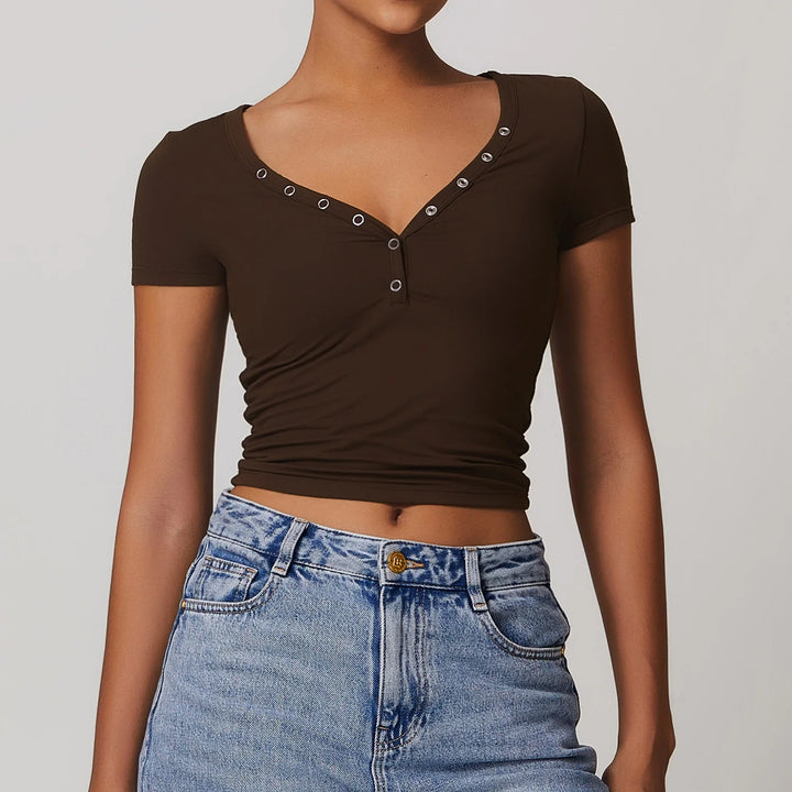 Rhovessa Short-Sleeve Henley Crop Top