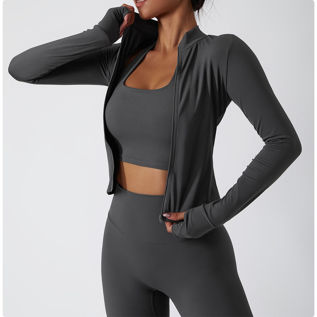 Rovanna Long-Sleeve Zip-Up Fitted Top