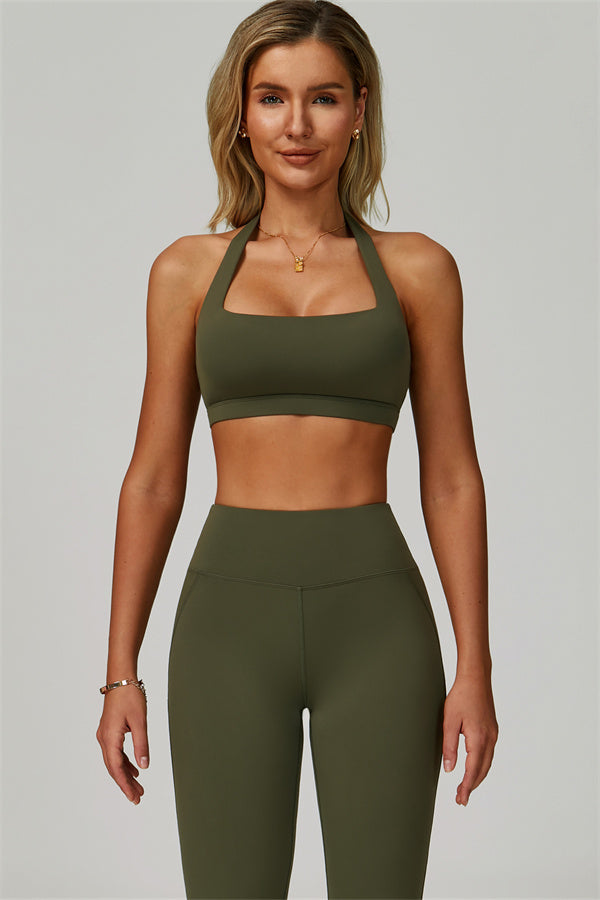 The Bold Halter Sports Bra Flared Leggings 2-Piece Set — Woodland - Image 2