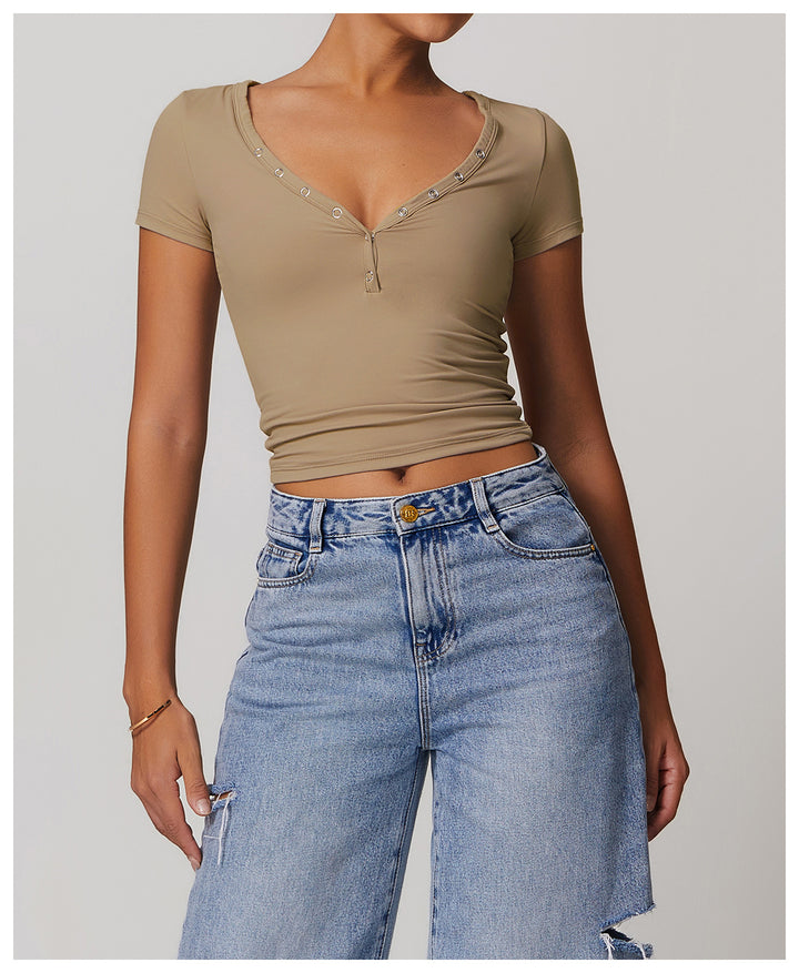 Rhovessa Short-Sleeve Henley Crop Top