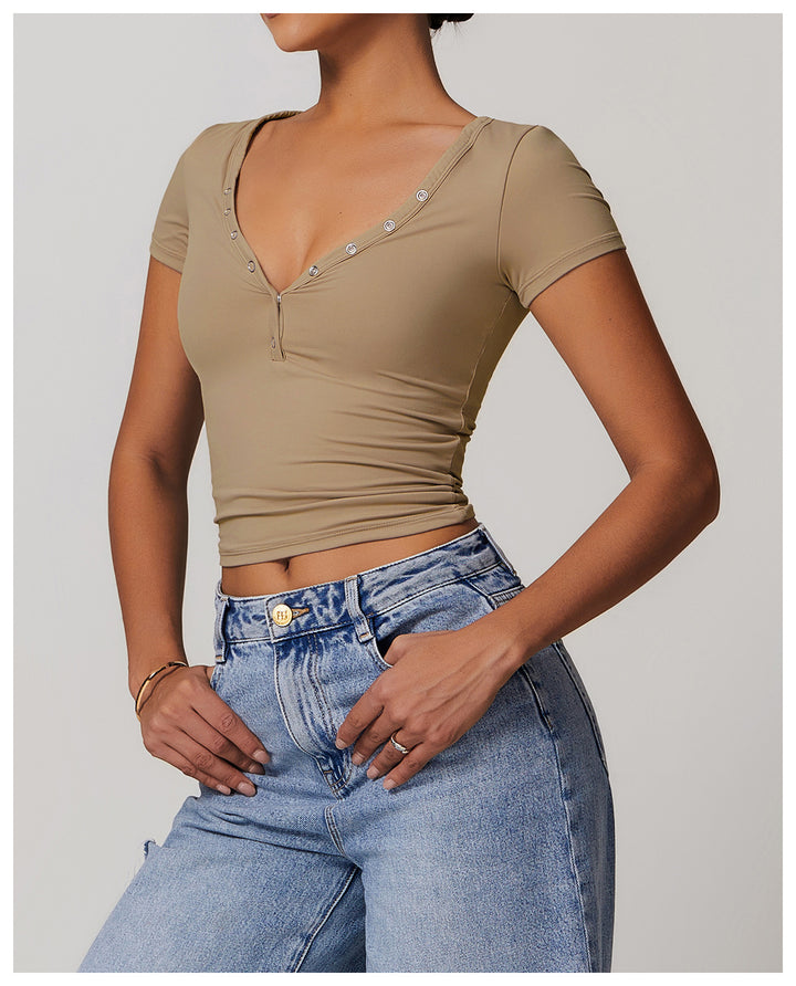 Rhovessa Short-Sleeve Henley Crop Top