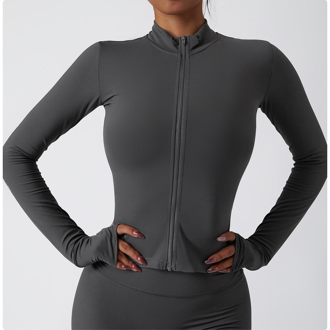 Rovanna Long-Sleeve Zip-Up Fitted Top