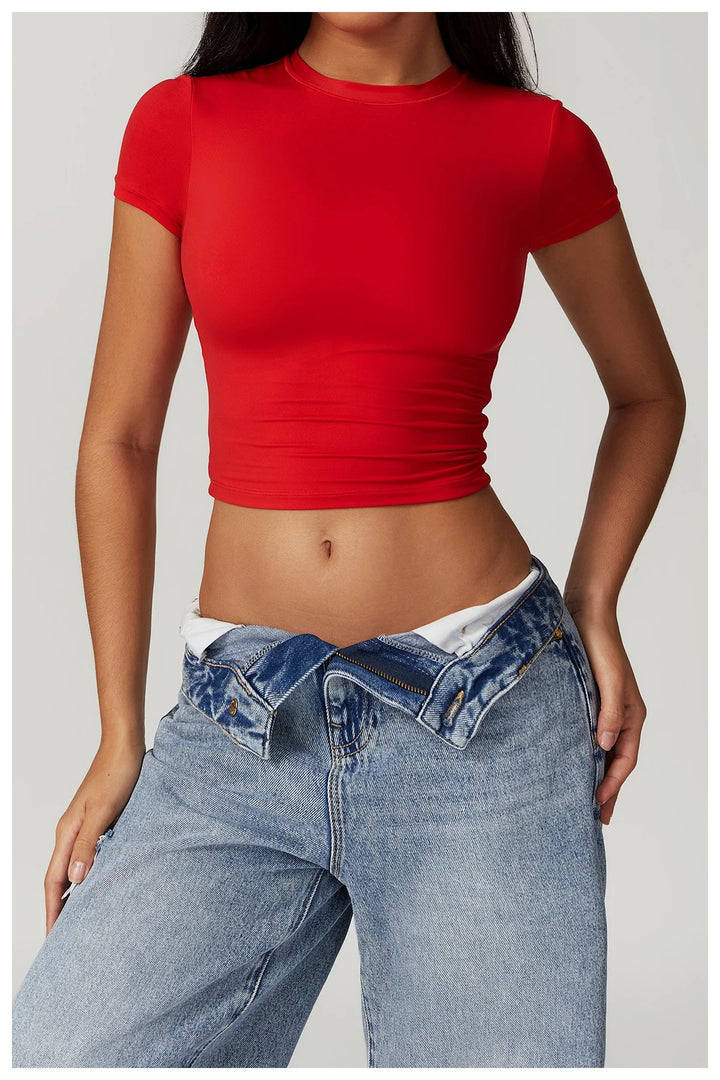 Callenora Short-Sleeve Fitted Crop Top