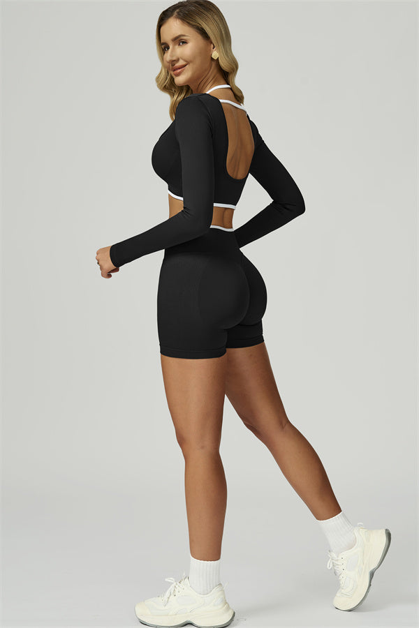 Bali Motion Trim Long Sleeve Crop Top Shorts 2-Piece Set