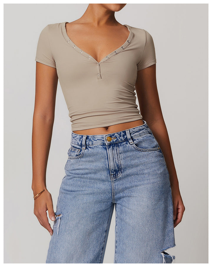 Rhovessa Short-Sleeve Henley Crop Top