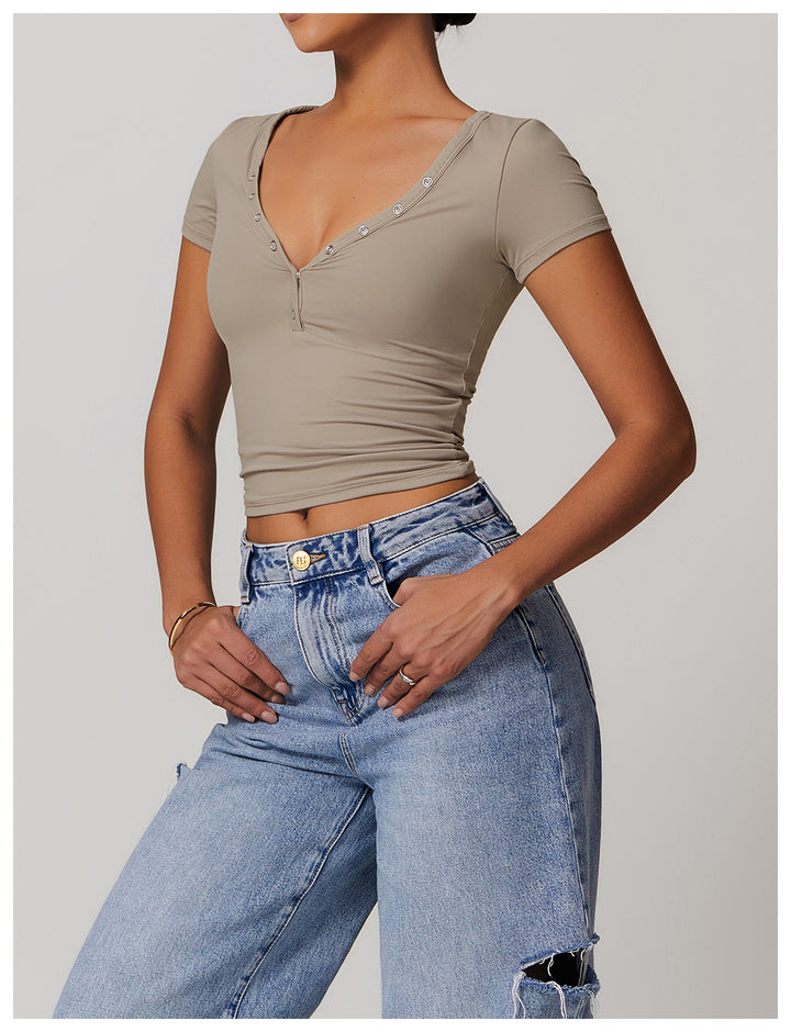 Rhovessa Short-Sleeve Henley Crop Top