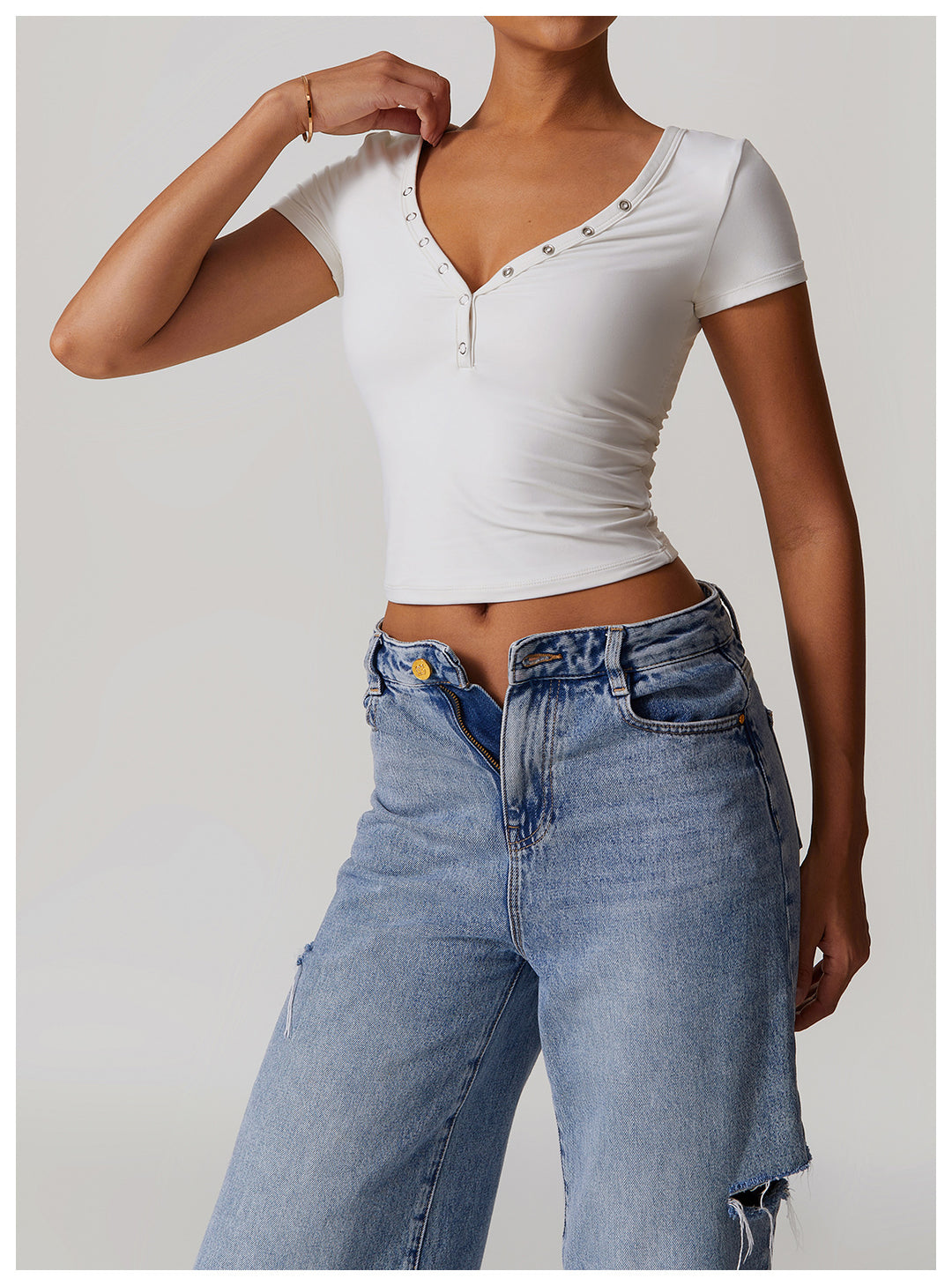 Rhovessa Short-Sleeve Henley Crop Top