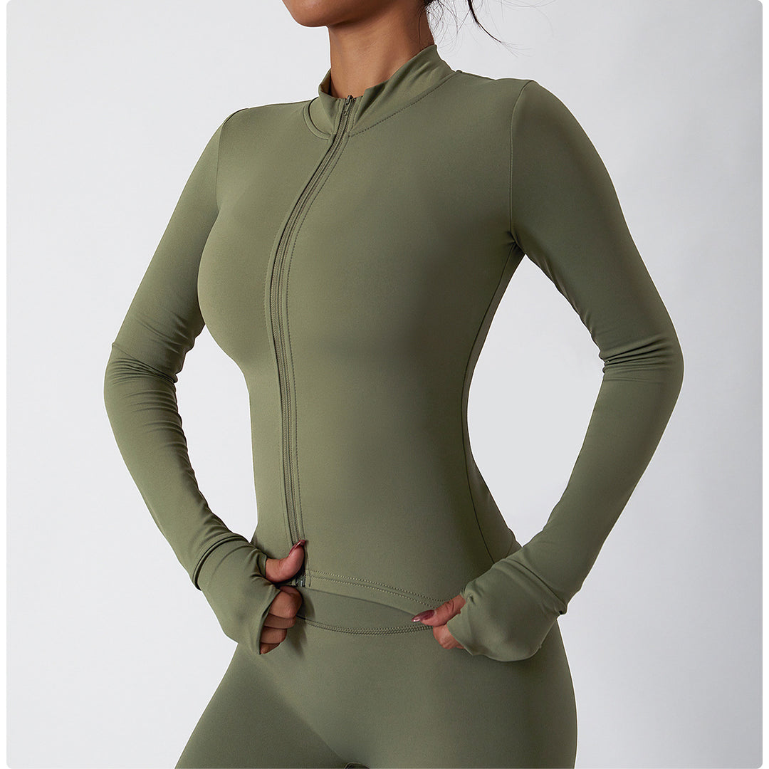 Rovanna Long-Sleeve Zip-Up Fitted Top