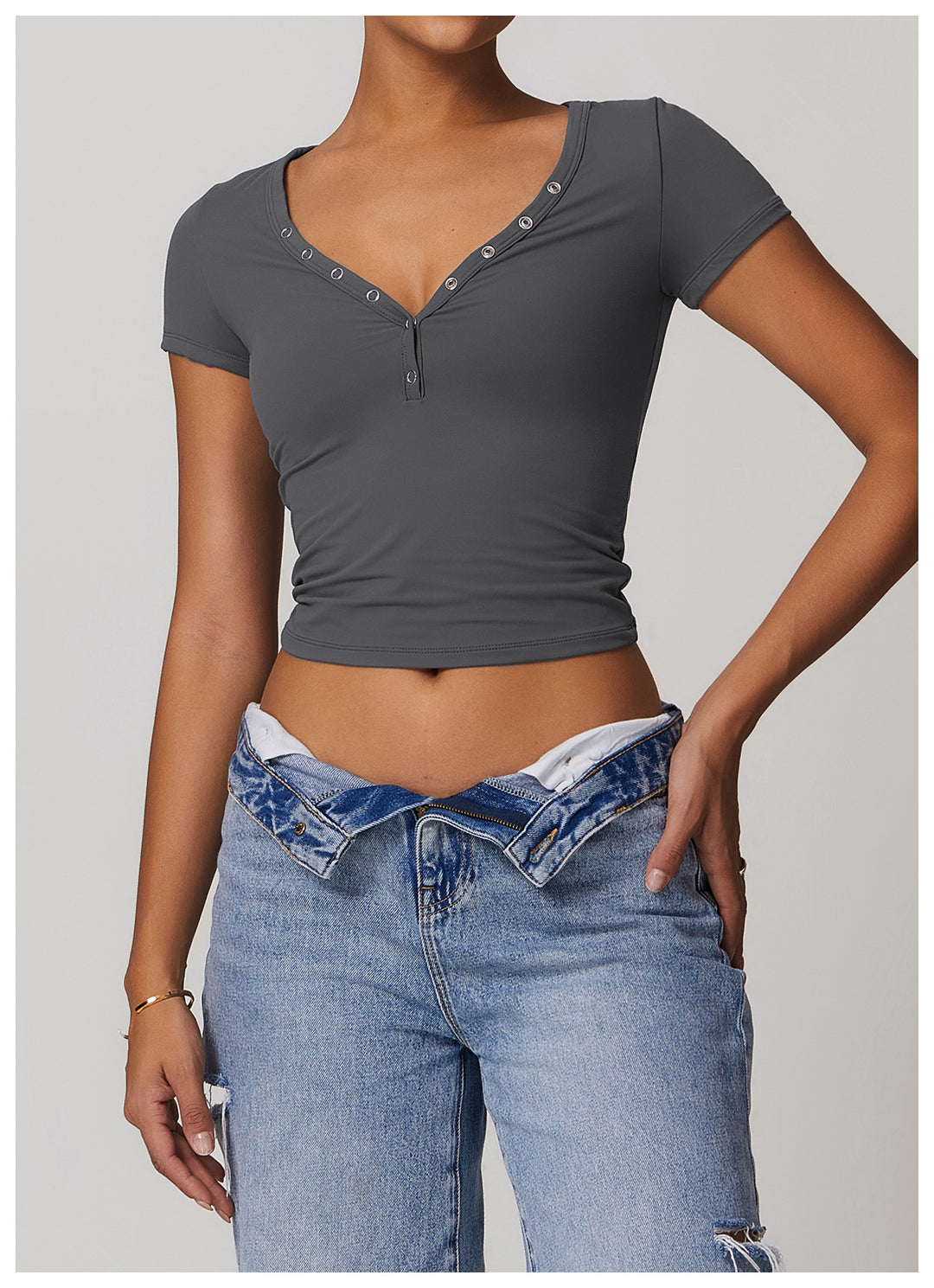 Rhovessa Short-Sleeve Henley Crop Top