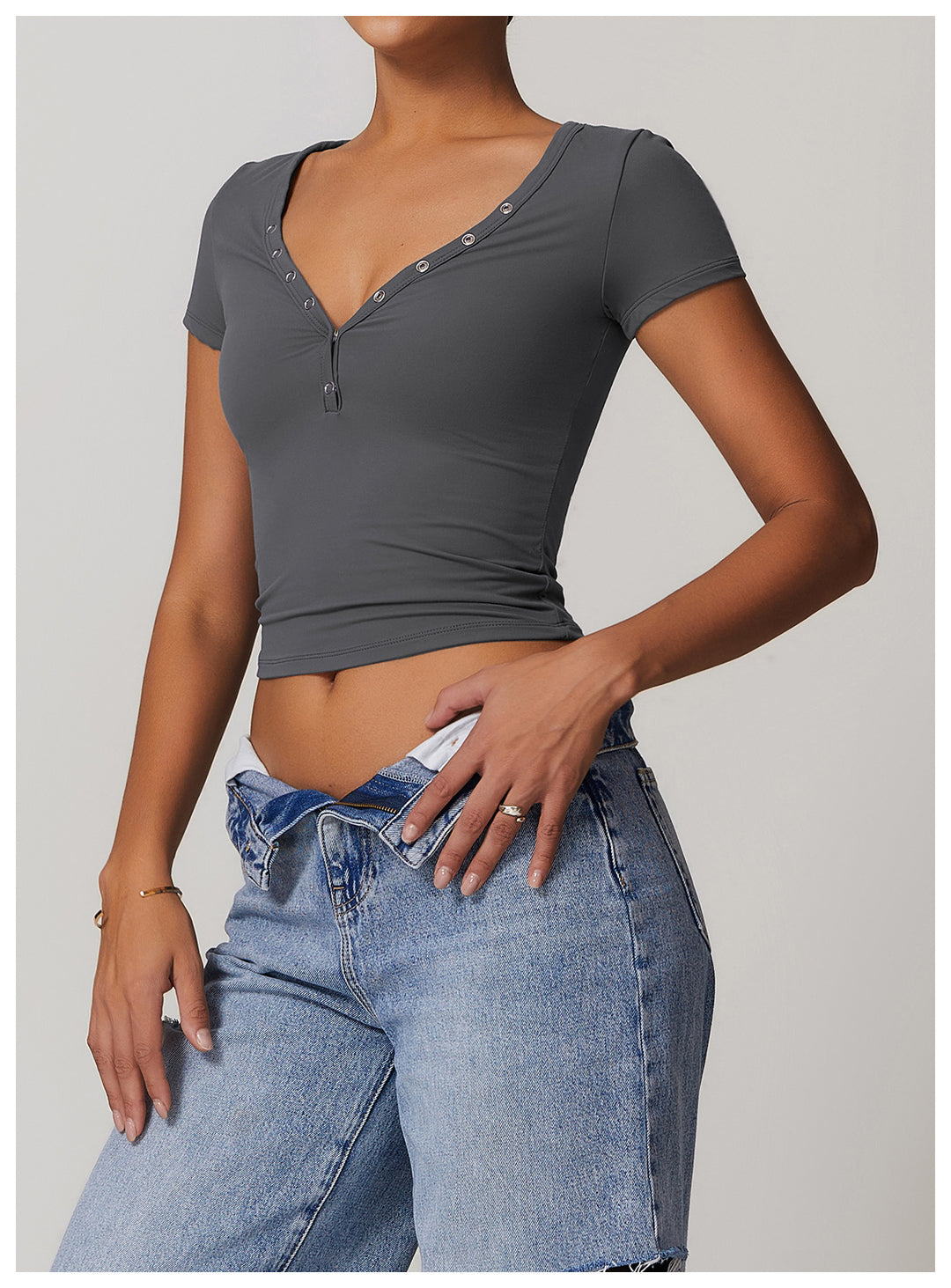 Rhovessa Short-Sleeve Henley Crop Top