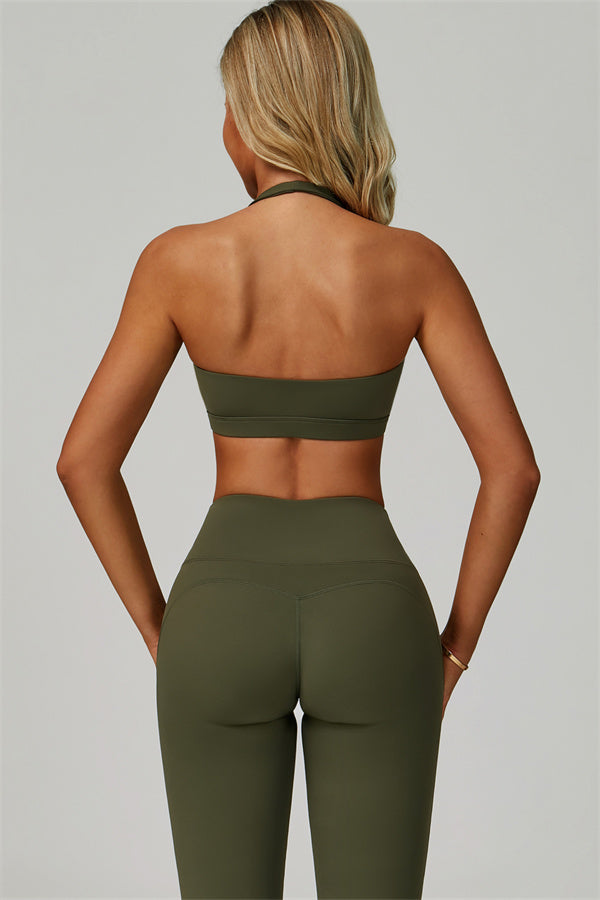 The Bold Halter Sports Bra Flared Leggings 2-Piece Set — Woodland