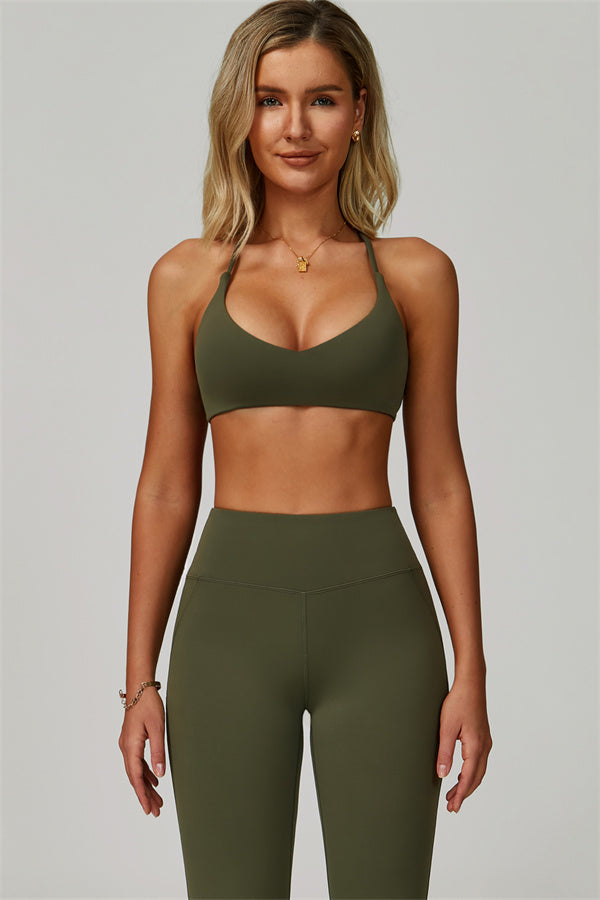 The Bold Cross Back Sports Bra Flared Leggings 2-Piece Set — Woodland - Image 2