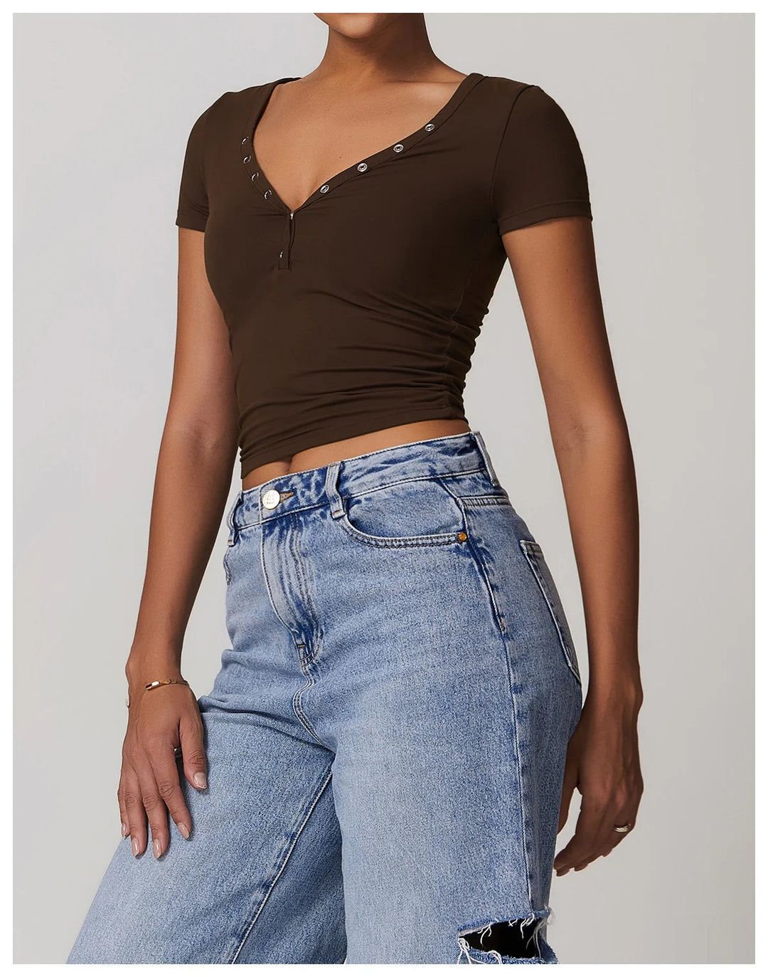 Rhovessa Short-Sleeve Henley Crop Top