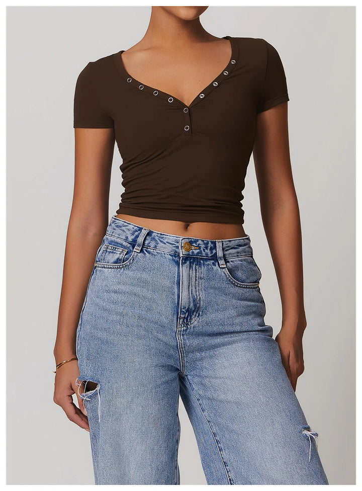 Rhovessa Short-Sleeve Henley Crop Top