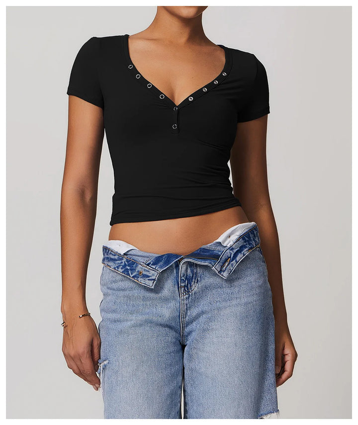 Rhovessa Short-Sleeve Henley Crop Top