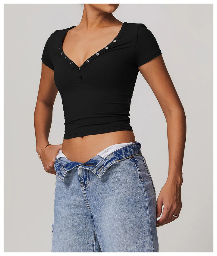 Rhovessa Short-Sleeve Henley Crop Top