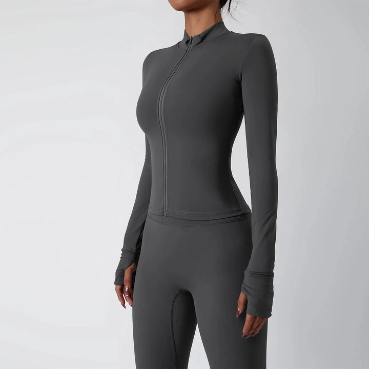 Rovanna Long-Sleeve Zip-Up Fitted Top