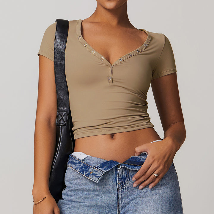 Rhovessa Short-Sleeve Henley Crop Top