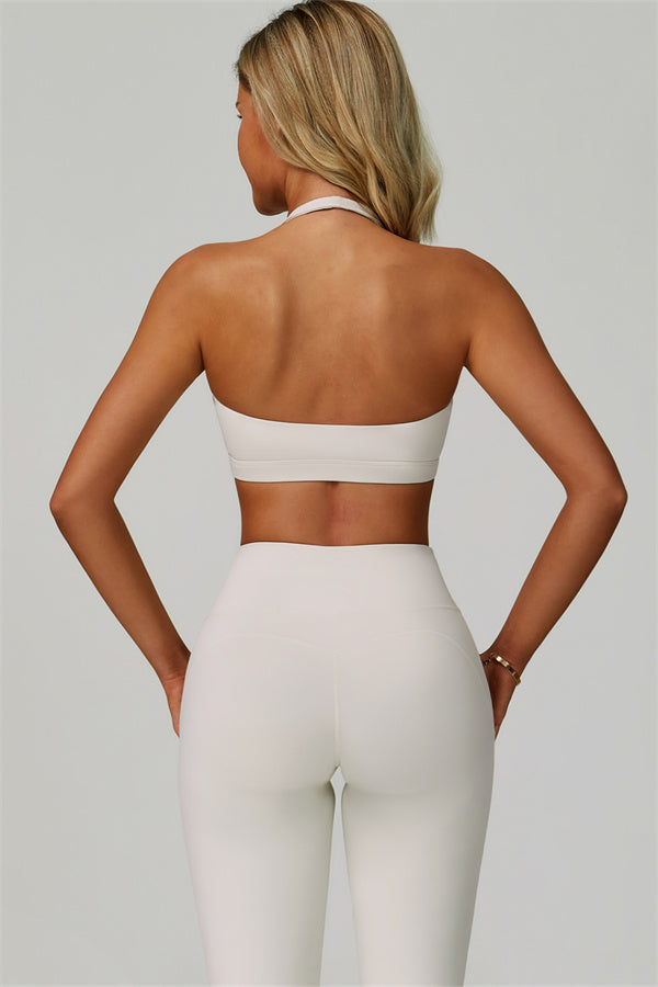 The Bold Halter Sports Bra Flared Leggings 2-Piece Set — Pearl White
