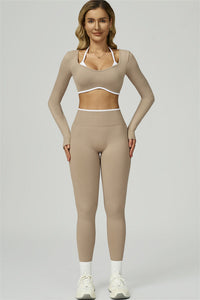 Bali Motion Trim Long Sleeve Crop Top Leggings 2-Piece Set