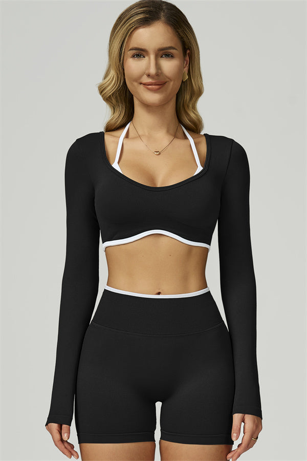 Bali Motion Trim Long Sleeve Crop Top Shorts 2-Piece Set