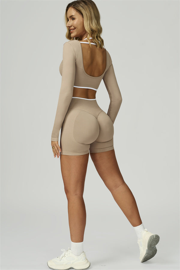 Bali Motion Trim Long Sleeve Crop Top Shorts 2-Piece Set